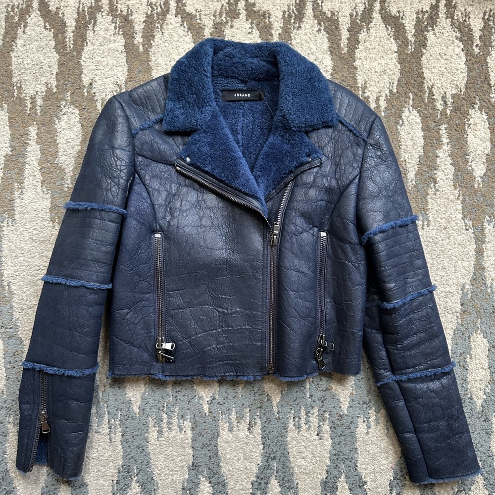 J Brand Aiah Lambskin Leather and Genuine Shearling Jacket Washed Navy